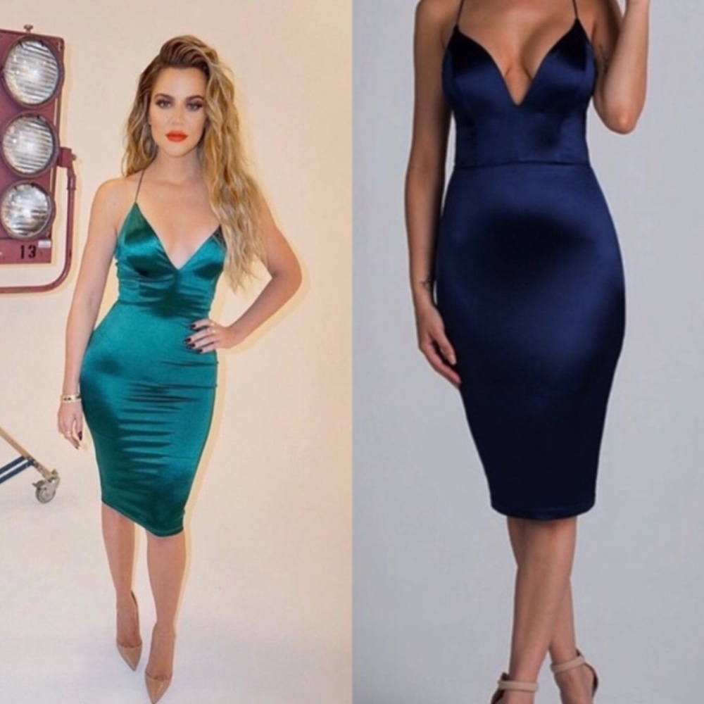 Brand New!🔥Navy Satin Backless tie  bodycon Midi - Picture 8 of 8